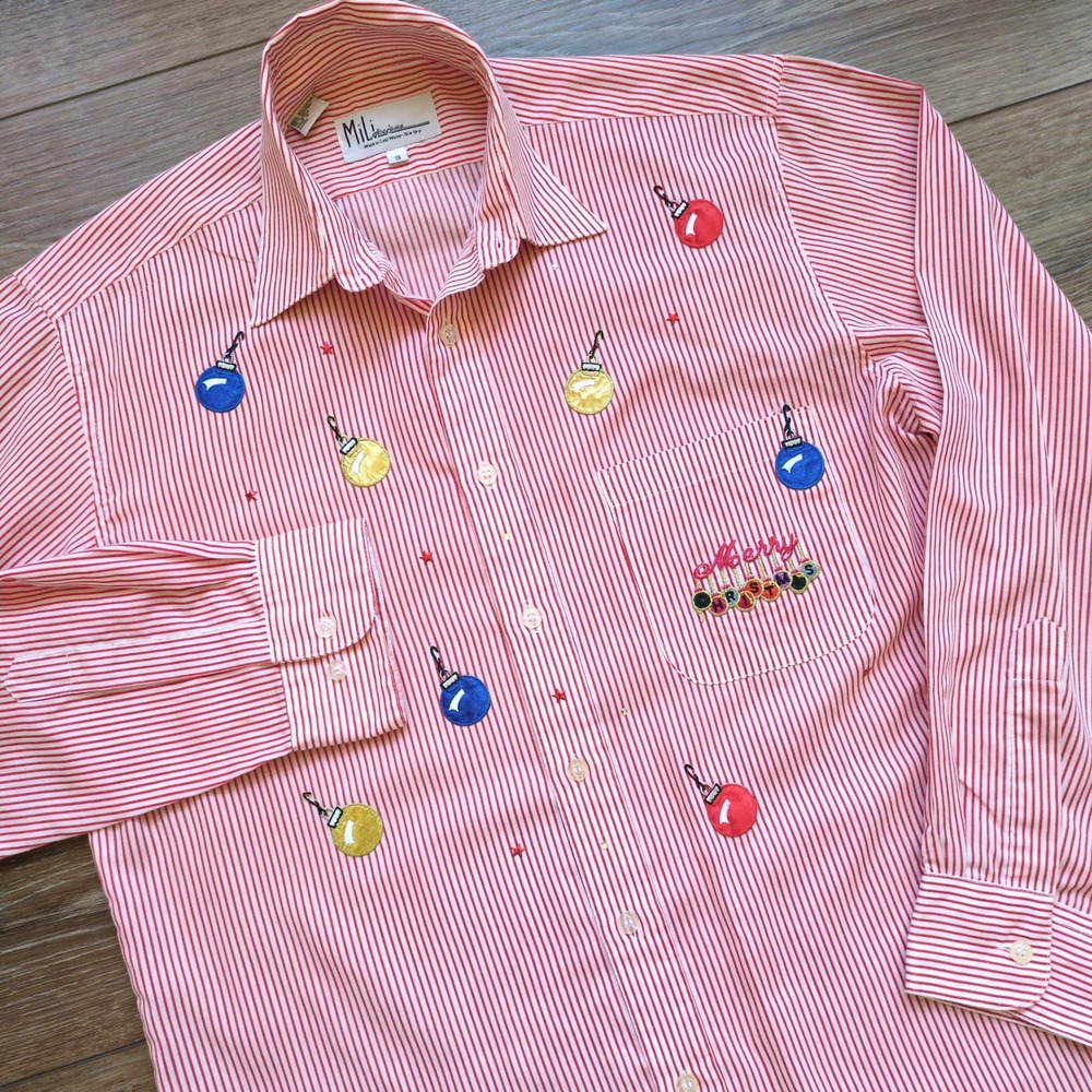 Vtg Mili Designs Holiday Christmas Ornament Button Down Shirt Red Stripes S